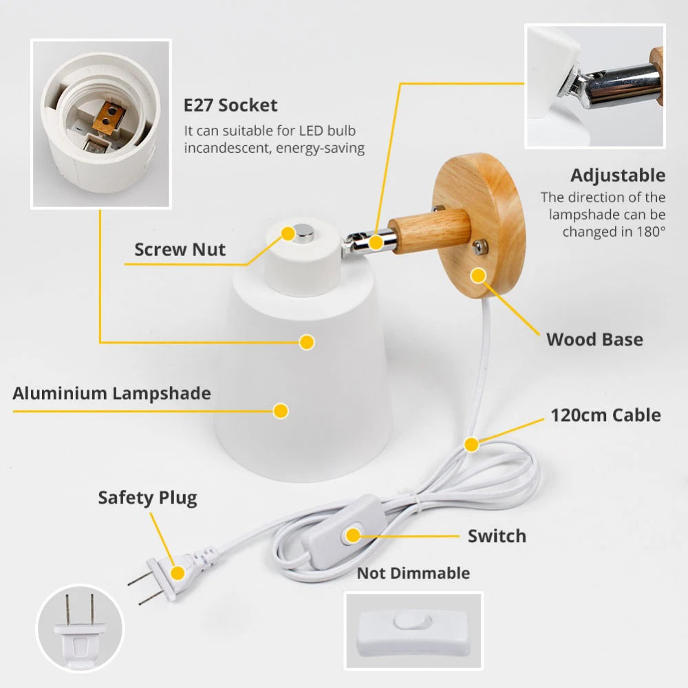 Vaxreen Wood Wall Lamp 10cm Base Creative Bedside Light with Knob Switch
