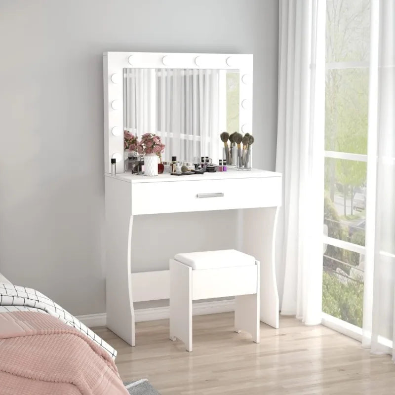Vaxreen Lighted Vanity Desk with Mirror, Stool & Storage - 3 Color Modes