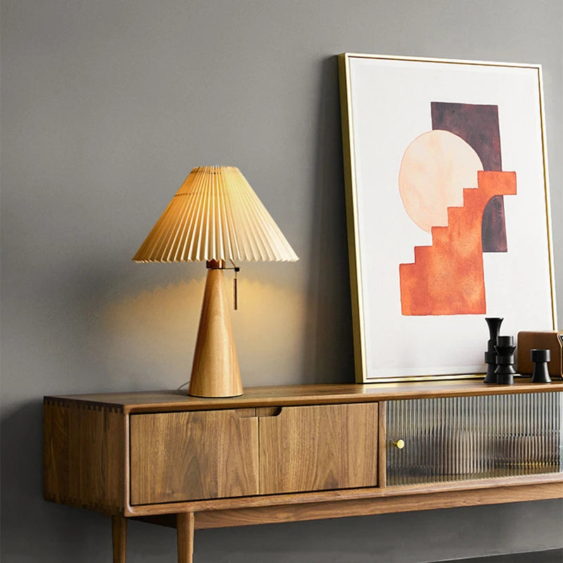 Vaxreen Retro Pleated Wood Table Lamp for Home Lighting with E27 Socket