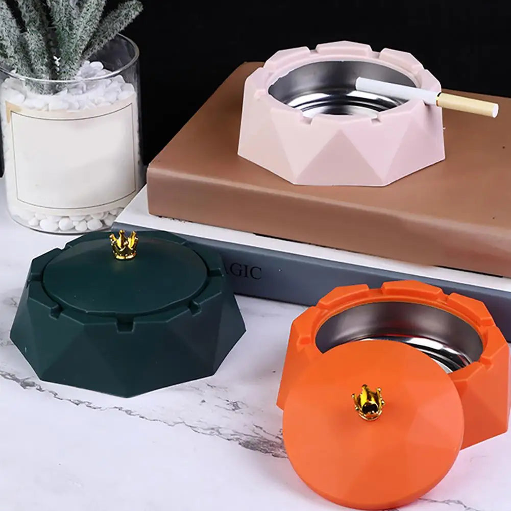 Vaxreen Stainless Steel Nordic Geometry Ashtray with Lid - Windproof Home Cigarette Storage