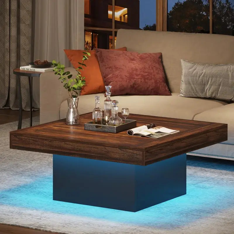 Vaxreen Square LED Coffee Table: Industrial Engineered Wood Table for Living Room