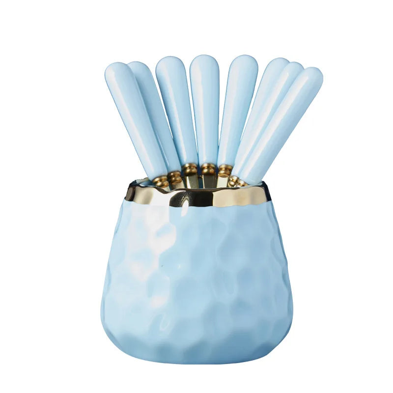 Vaxreen Marbled Ceramic Gold Cutlery Set with Storage Tank