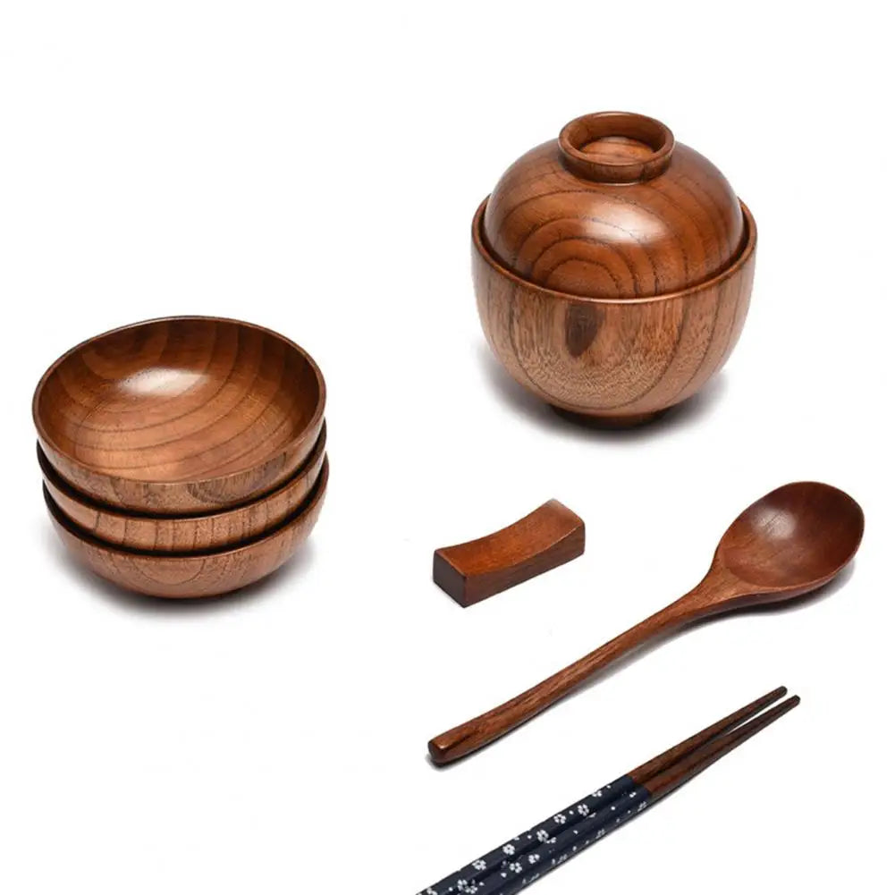 Vaxreen Wooden Rice Bowl with Lid, Japanese Style Tableware and Kitchen Supplies