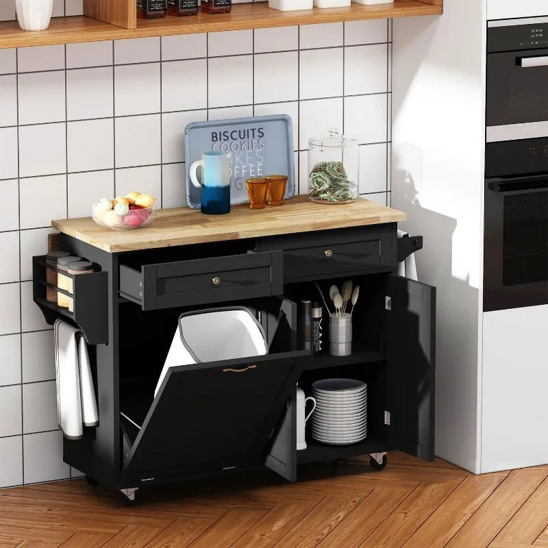 Vaxreen Kitchen Island with Drop Leaf, Trash Cabinet Tilt Out Storage, Movable Storage Island
