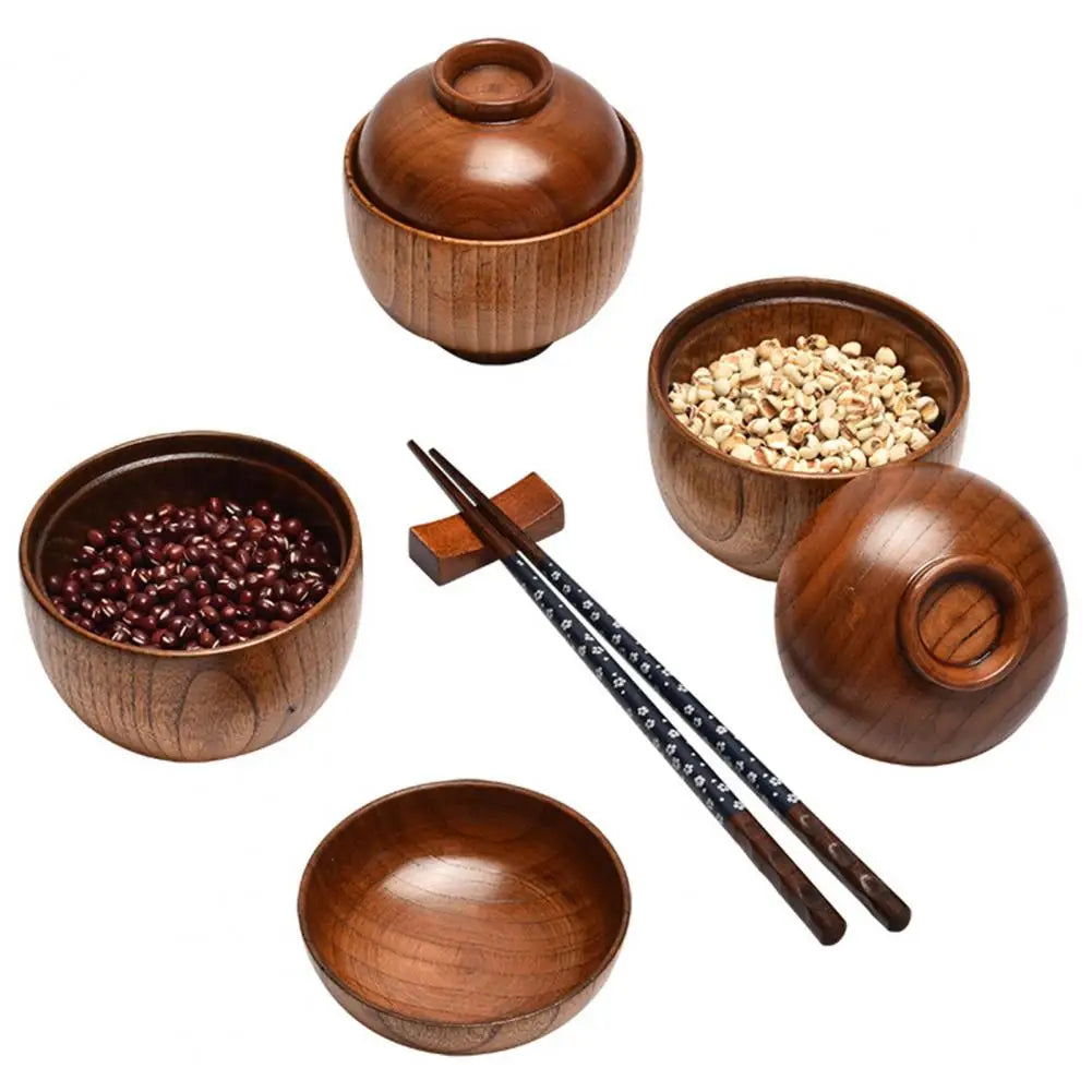 Vaxreen Wooden Rice Bowl with Lid, Japanese Style Tableware and Kitchen Supplies