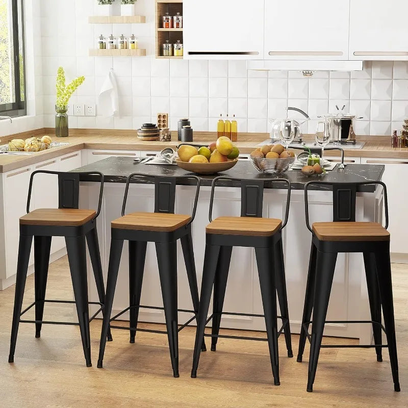 Vaxreen 24" Counter Height Metal Bar Stools Set of 4 with Removable Back & Wooden Seat