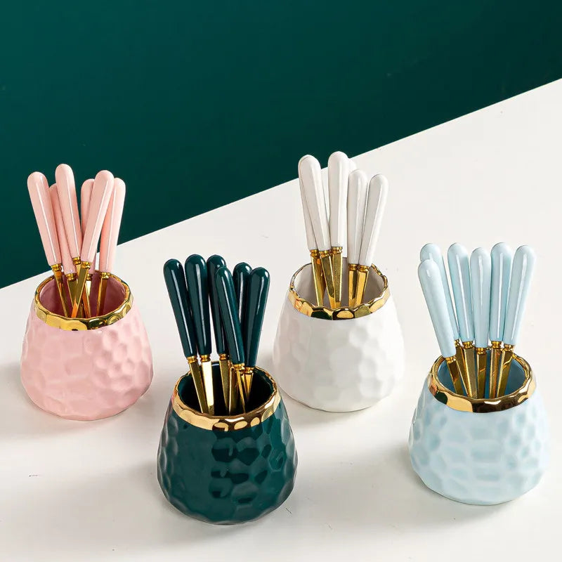 Vaxreen Marbled Ceramic Gold Cutlery Set with Storage Tank