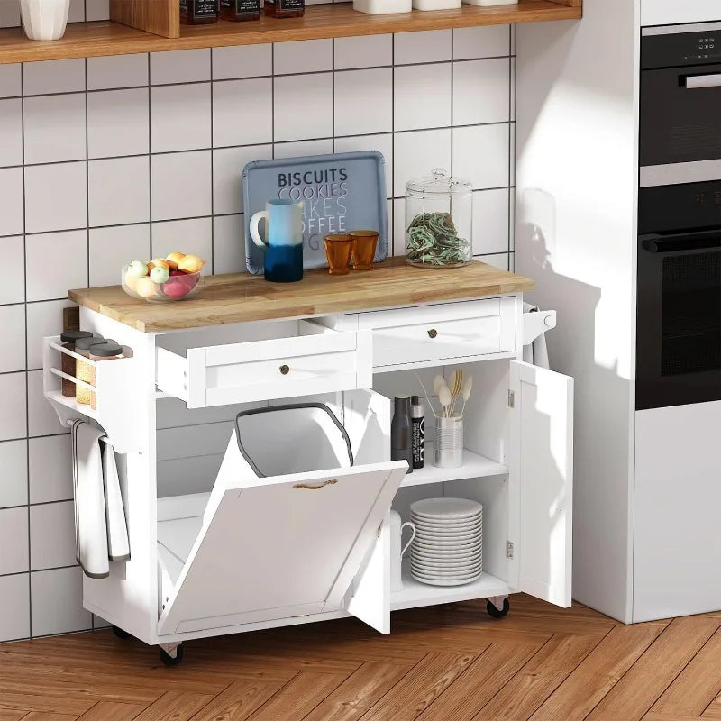 Vaxreen Kitchen Island with Drop Leaf, Trash Cabinet Tilt Out Storage, Movable Storage Island