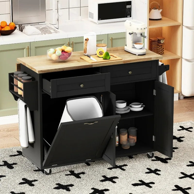Vaxreen Kitchen Island with Drop Leaf, Trash Cabinet Tilt Out Storage, Movable Storage Island