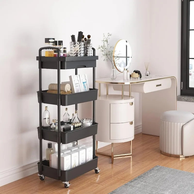 Vaxreen Rolling Utility Cart with Drawer: Storage Organizer with Shelf & Metal Wheels