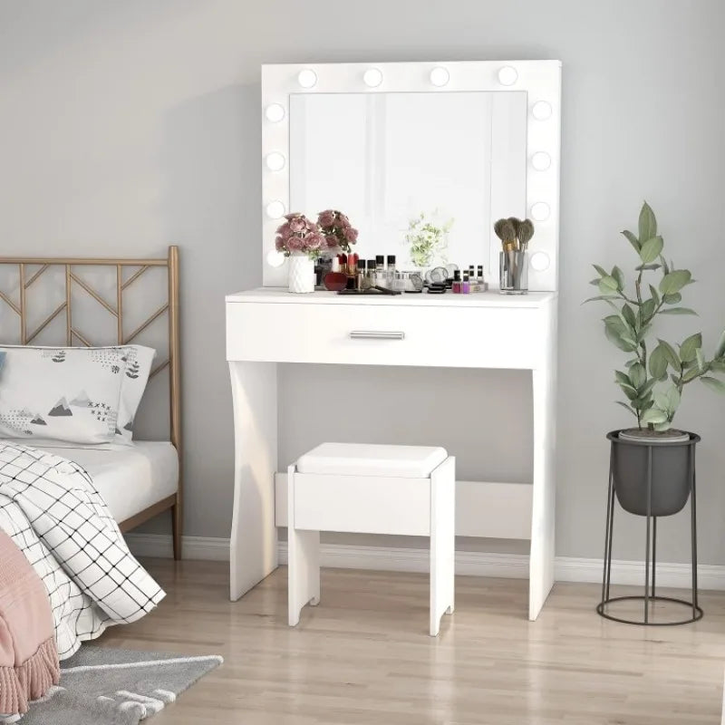 Vaxreen Lighted Vanity Desk with Mirror, Stool & Storage - 3 Color Modes