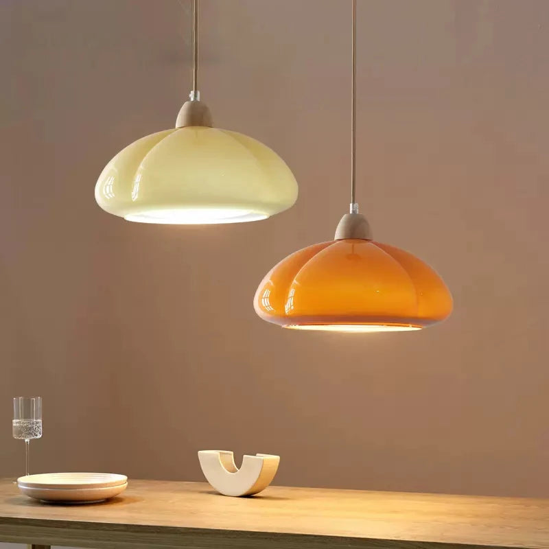 Vaxreen Nordic Glass Wood Pendant Lamp LED Retro Creamy Pumpkin Indoor Light