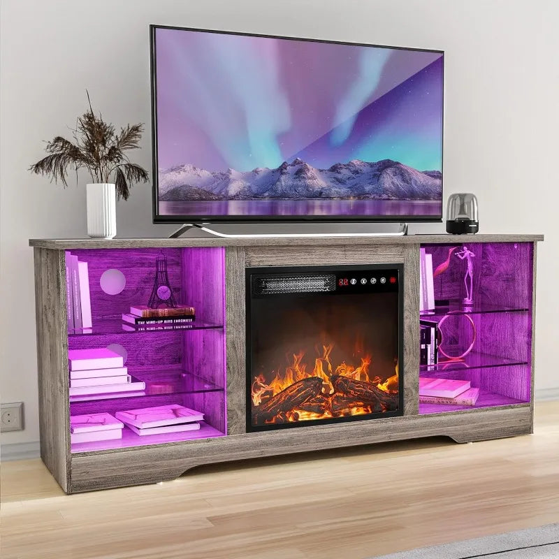 Vaxreen 65" Fireplace TV Stand, Adjustable Glass Media Console