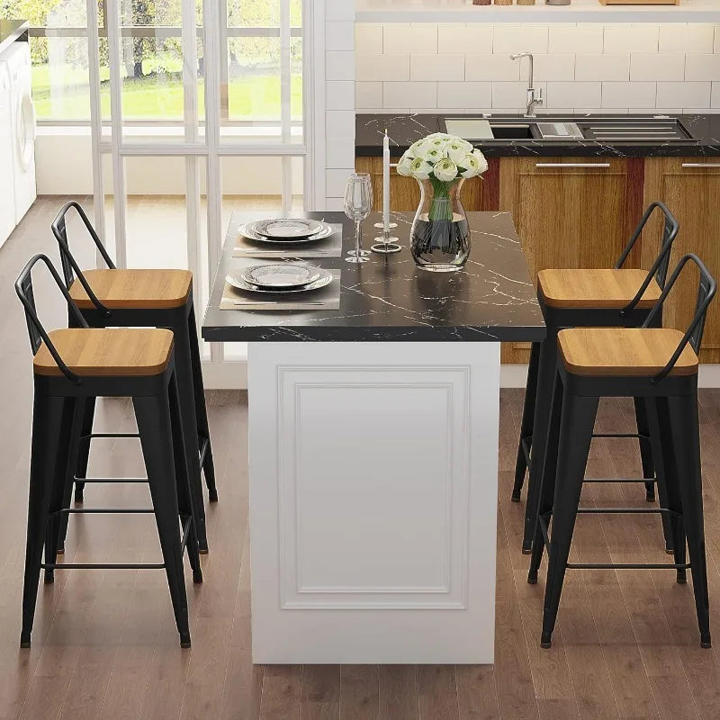 Vaxreen 24" Counter Height Metal Bar Stools Set of 4 with Removable Back & Wooden Seat