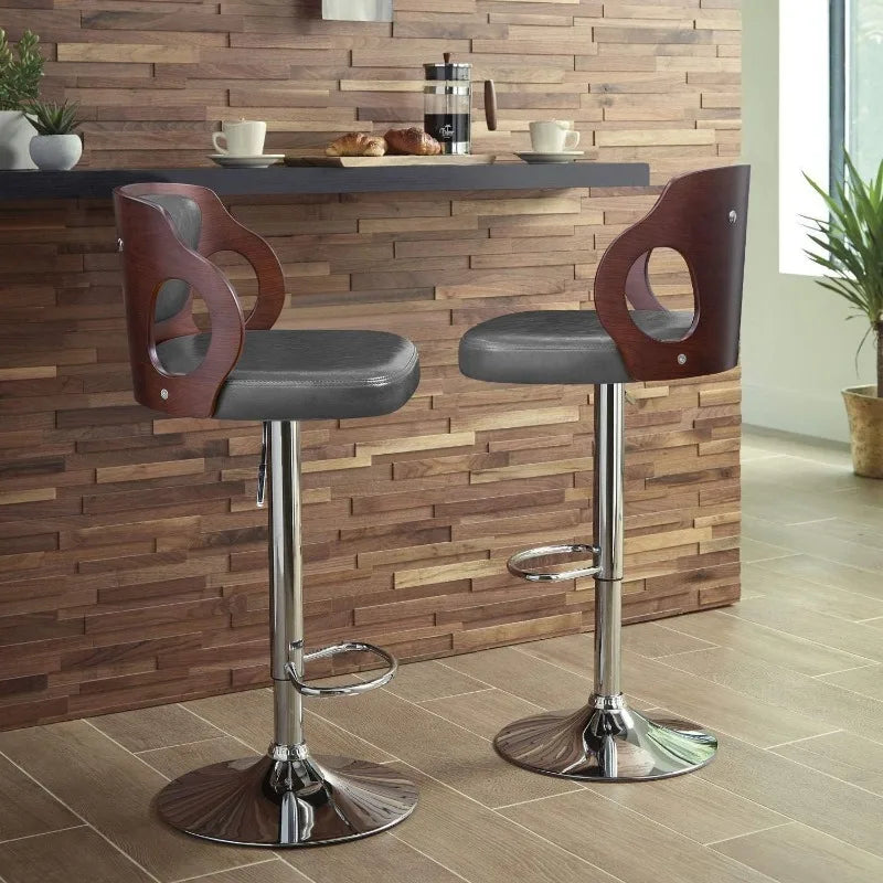 Vaxreen Walnut Bentwood Adjustable Height Leather Barstool with Back - Modern & Comfy