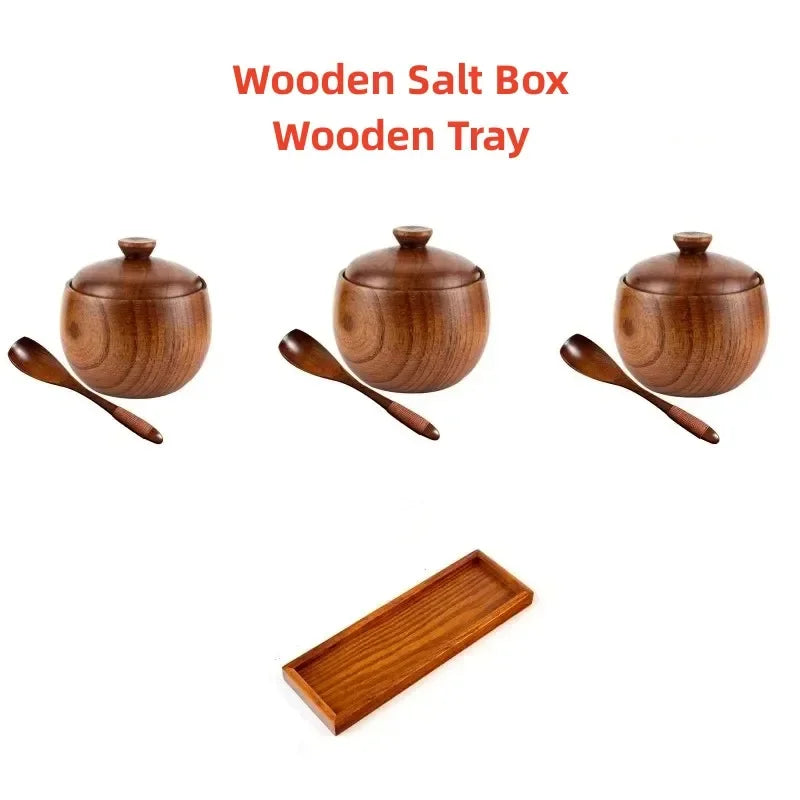 Vaxreen Wooden Salt Cellar Set with Lid, Spoon, and Tray - Kitchen Seasoning Box