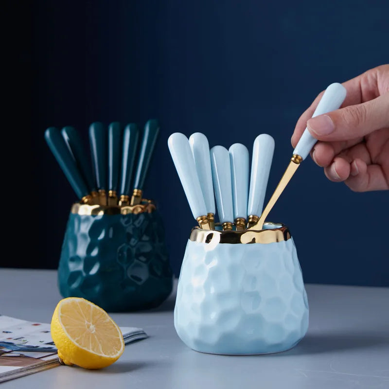 Vaxreen Marbled Ceramic Gold Cutlery Set with Storage Tank