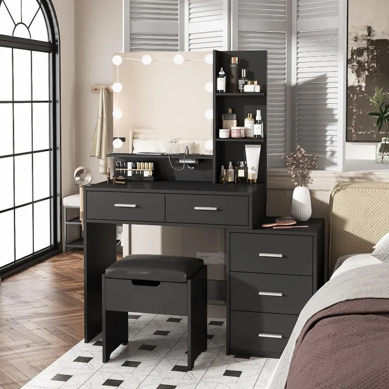 Vaxreen White Vanity Desk with Mirror and Lights, Bedside Table, 5 Drawers Large Capacity