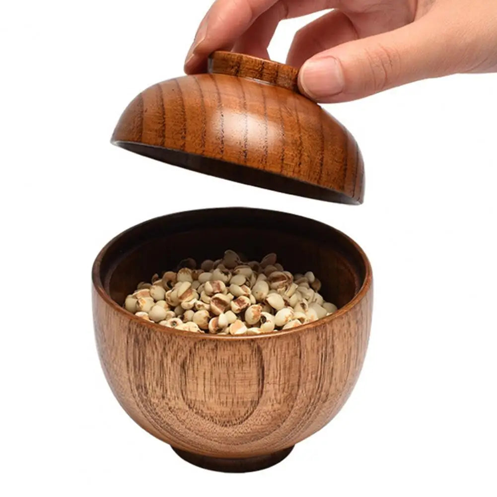 Vaxreen Wooden Rice Bowl with Lid, Japanese Style Tableware and Kitchen Supplies