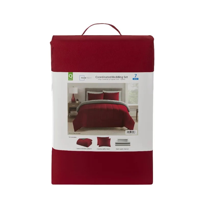 Vaxreen 7-Piece Red Solid Bed Set, Queen Size.