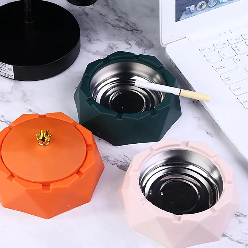 Vaxreen Stainless Steel Nordic Geometry Ashtray with Lid - Windproof Home Cigarette Storage