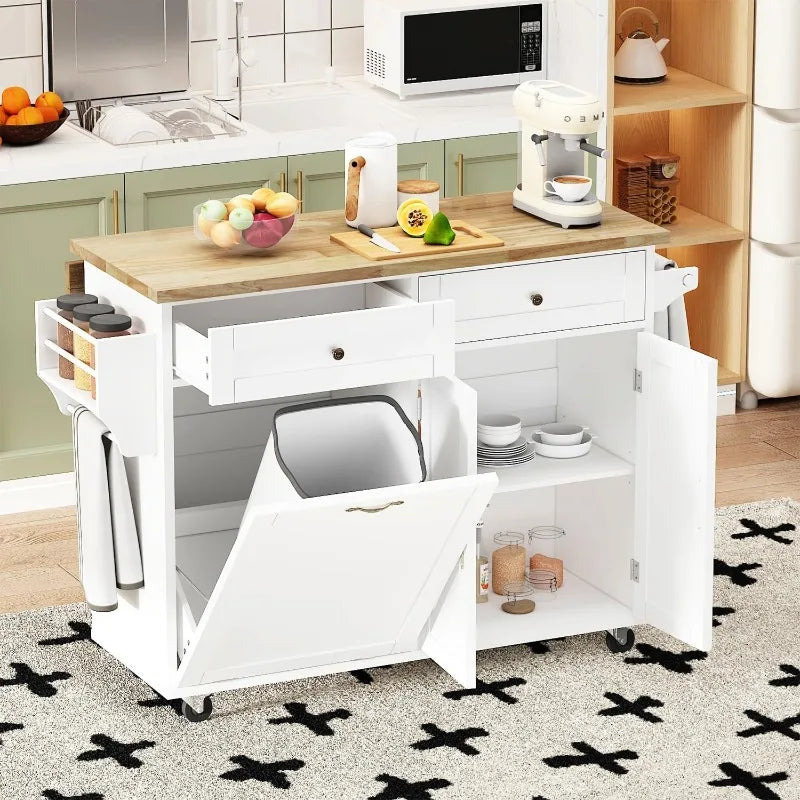 Vaxreen Kitchen Island with Drop Leaf, Trash Cabinet Tilt Out Storage, Movable Storage Island