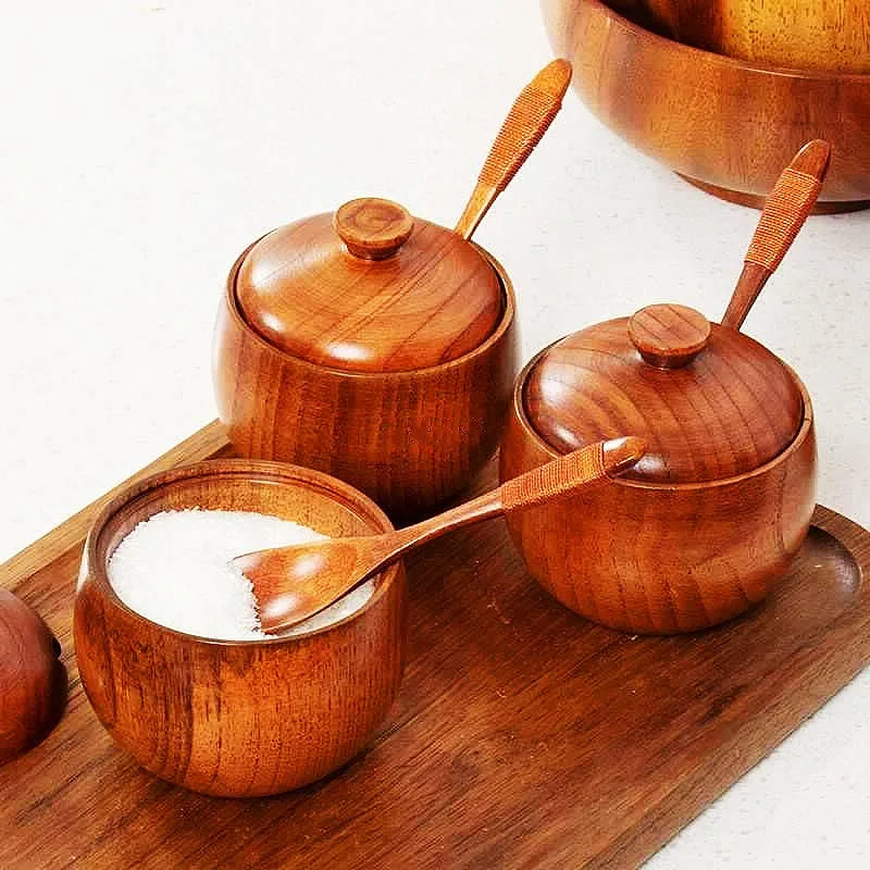 Vaxreen Wooden Salt Cellar Set with Lid, Spoon, and Tray - Kitchen Seasoning Box