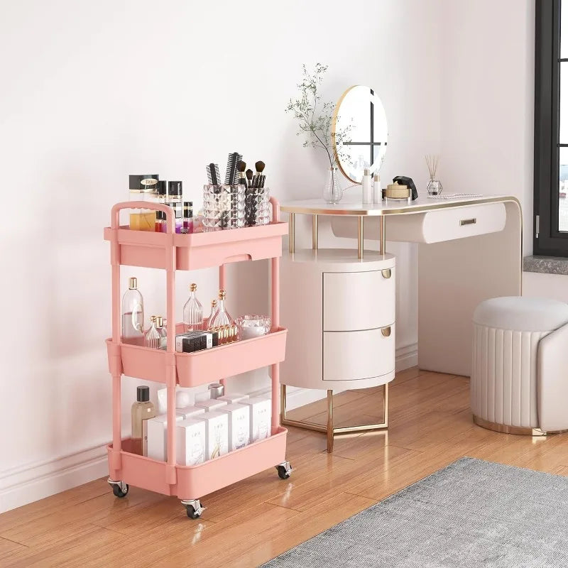 Vaxreen Rolling Utility Cart with Drawer: Storage Organizer with Shelf & Metal Wheels