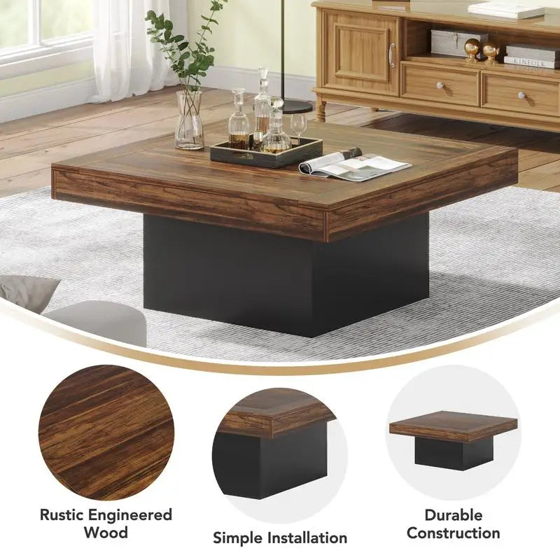 Vaxreen Square LED Coffee Table: Industrial Engineered Wood Table for Living Room