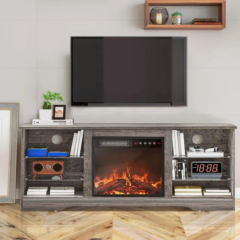 Vaxreen 65" Fireplace TV Stand, Adjustable Glass Media Console