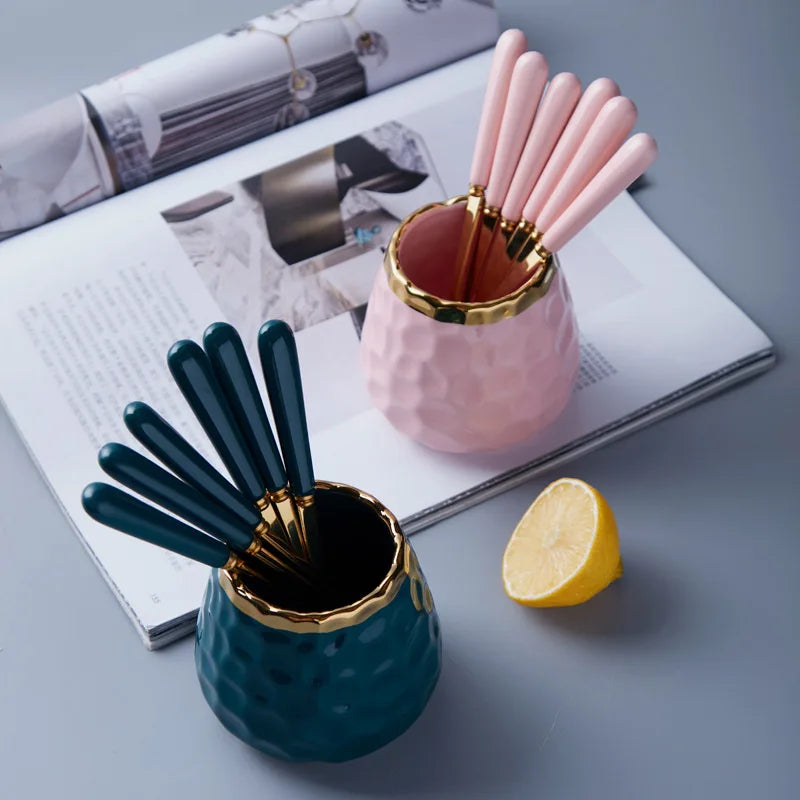 Vaxreen Marbled Ceramic Gold Cutlery Set with Storage Tank