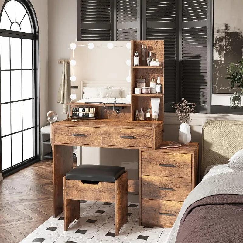 Vaxreen White Vanity Desk with Mirror and Lights, Bedside Table, 5 Drawers Large Capacity