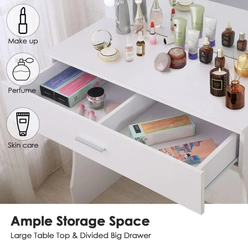Vaxreen Lighted Vanity Desk with Mirror, Stool & Storage - 3 Color Modes