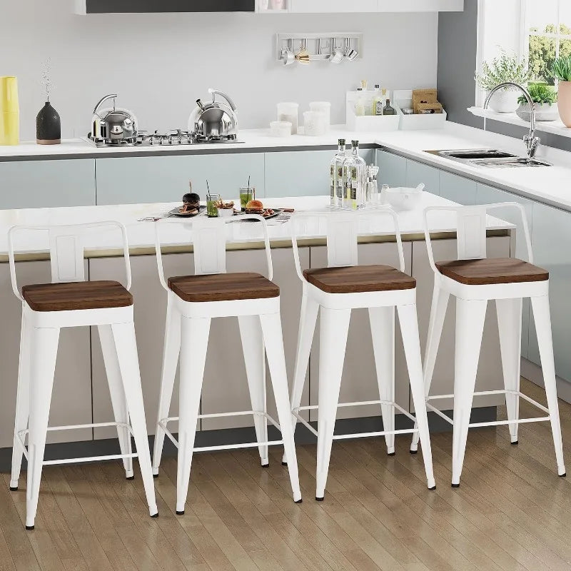 Vaxreen 24" Counter Height Metal Bar Stools Set of 4 with Removable Back & Wooden Seat