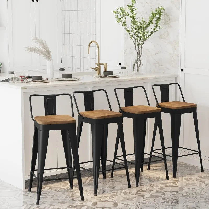 Vaxreen 24" Counter Height Metal Bar Stools Set of 4 with Removable Back & Wooden Seat