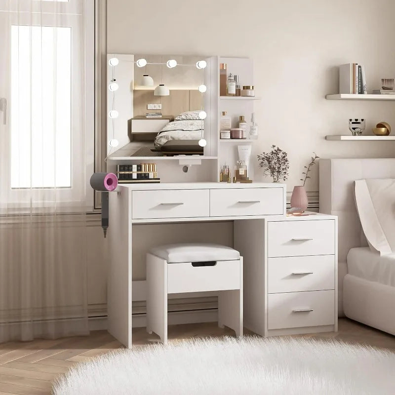 Vaxreen White Vanity Desk with Mirror and Lights, Bedside Table, 5 Drawers Large Capacity