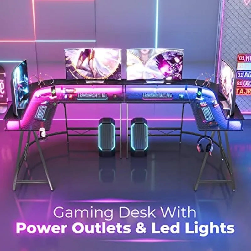 Vaxreen LED Gaming Desk with Monitor Shelves and Power Outlets
