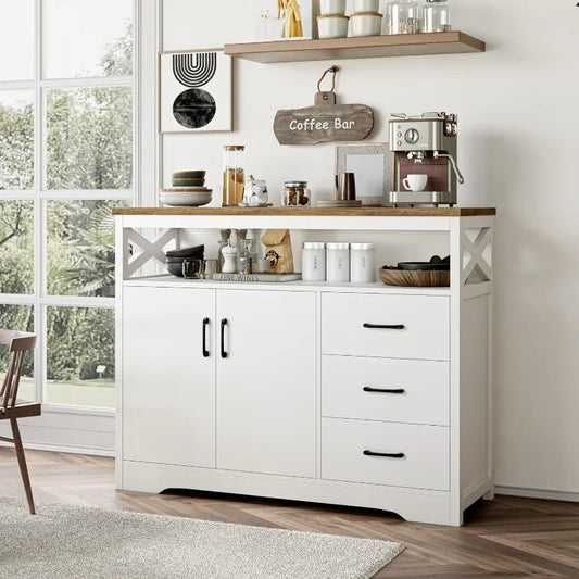 Vaxreen Modern Farmhouse Buffet Cabinet with Drawers and Shelves