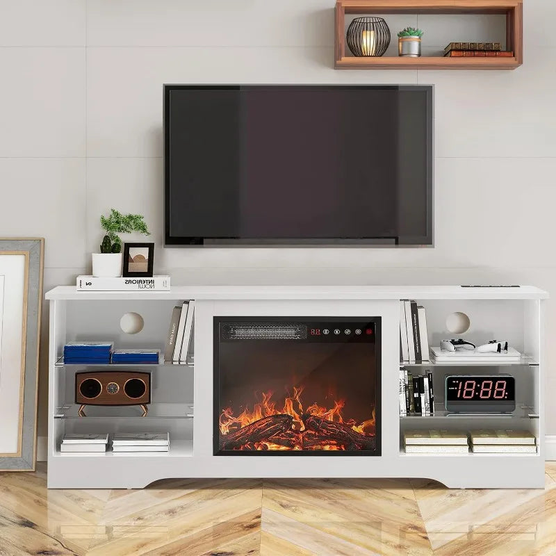 Vaxreen 65" Fireplace TV Stand, Adjustable Glass Media Console