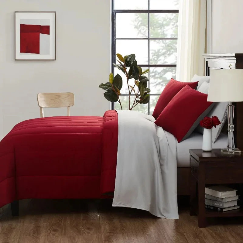 Vaxreen 7-Piece Red Solid Bed Set, Queen Size.