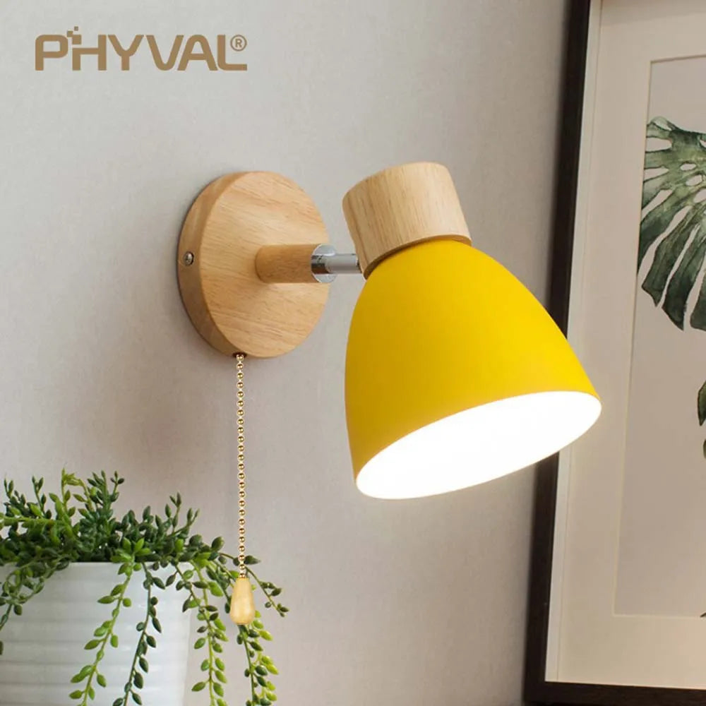 Vaxreen Nordic Wooden Wall Sconce Macaroon 6 Color E27 Lamp for Bedroom-Living Room