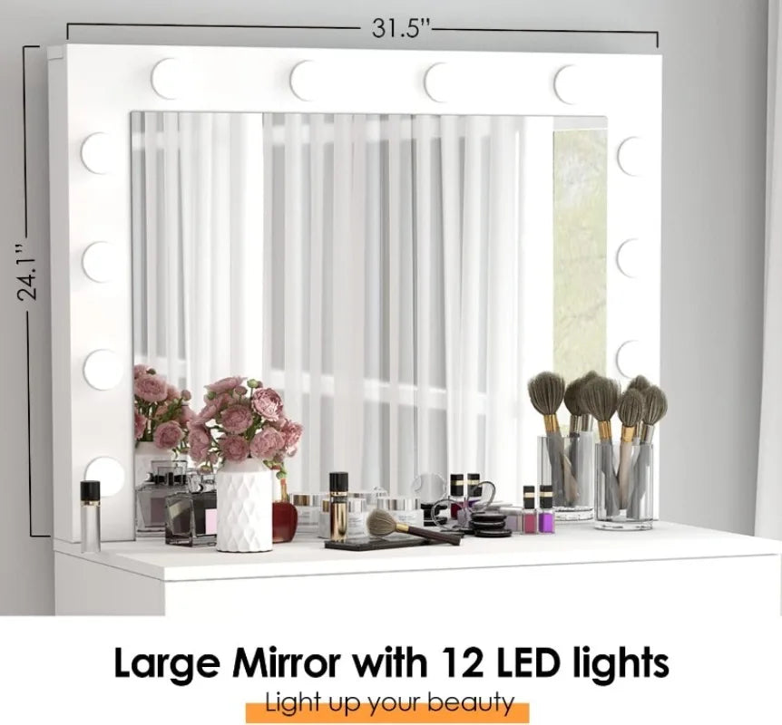 Vaxreen Lighted Vanity Desk with Mirror, Stool & Storage - 3 Color Modes