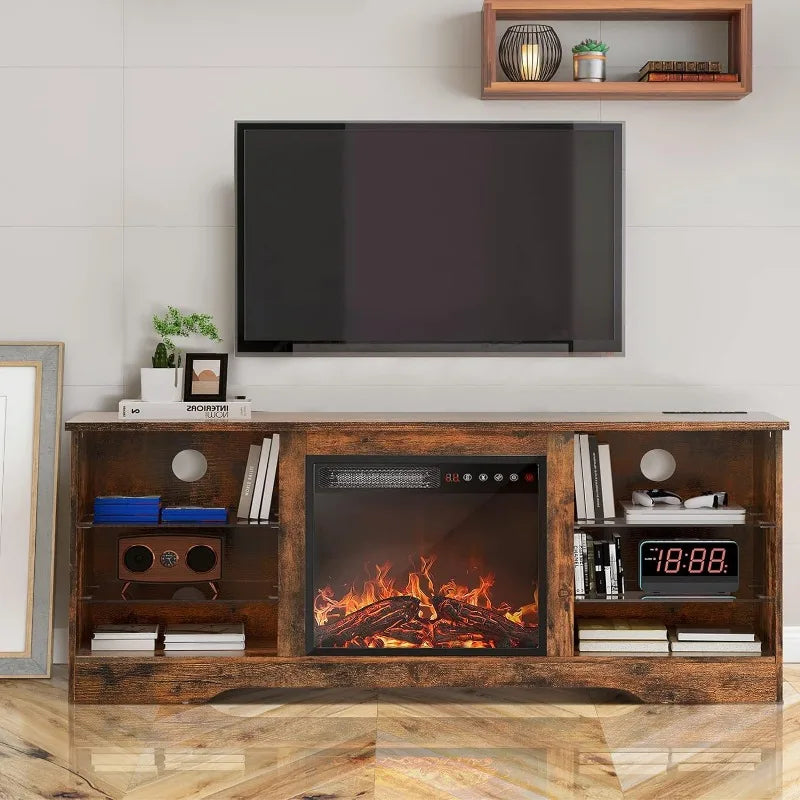 Vaxreen 65" Fireplace TV Stand, Adjustable Glass Media Console
