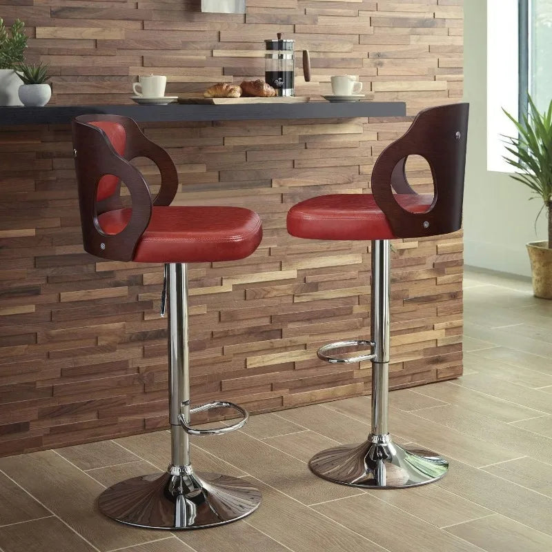 Vaxreen Walnut Bentwood Adjustable Height Leather Barstool with Back - Modern & Comfy