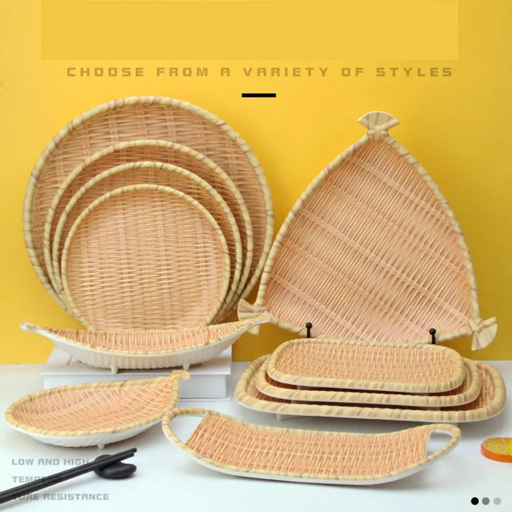 Vaxreen Bamboo Style Round Plate Easy Clean Handwoven Snacks Tray