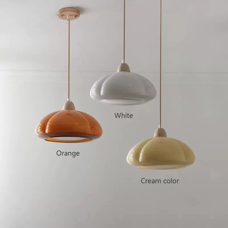 Vaxreen Nordic Glass Wood Pendant Lamp LED Retro Creamy Pumpkin Indoor Light