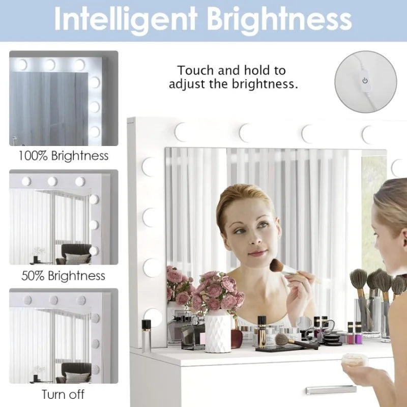 Vaxreen Lighted Vanity Desk with Mirror, Stool & Storage - 3 Color Modes