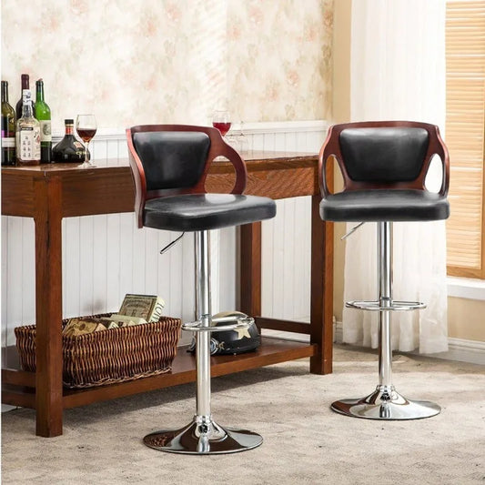 Vaxreen Walnut Bentwood Adjustable Height Leather Barstool with Back - Modern & Comfy