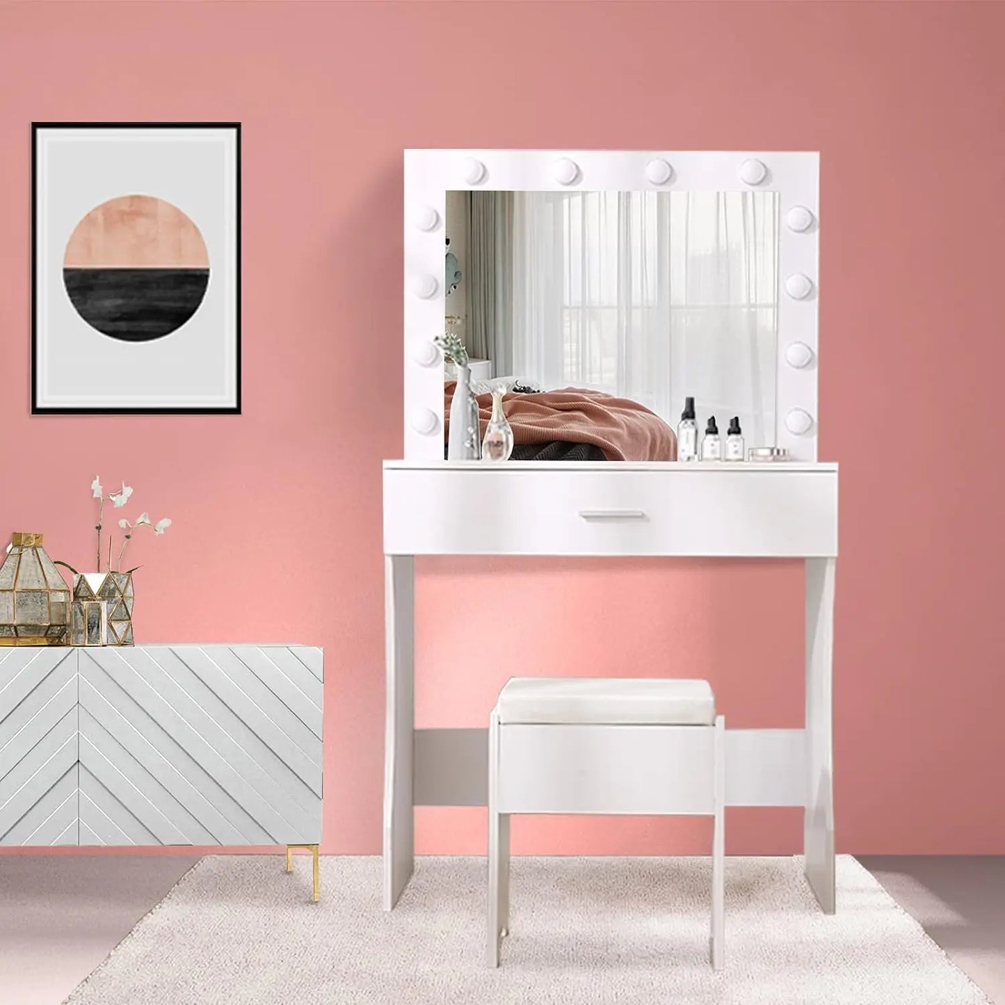 Vaxreen Lighted Mirror Vanity Set - Adjustable Brightness, Sturdy Wood, Large Drawer