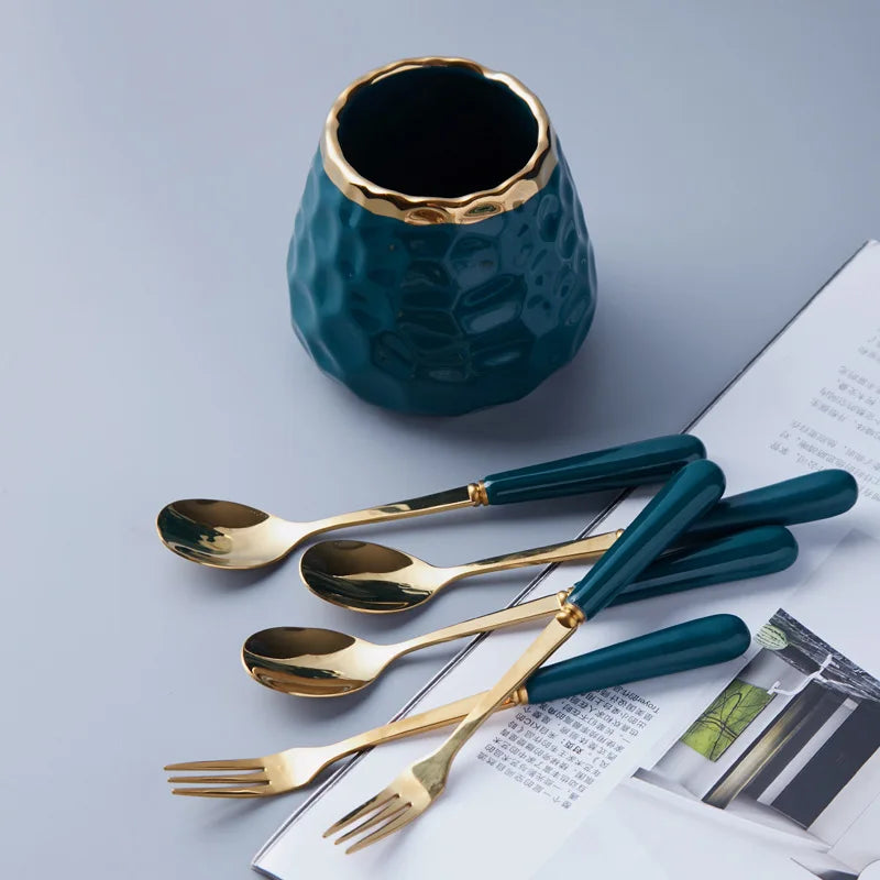 Vaxreen Marbled Ceramic Gold Cutlery Set with Storage Tank